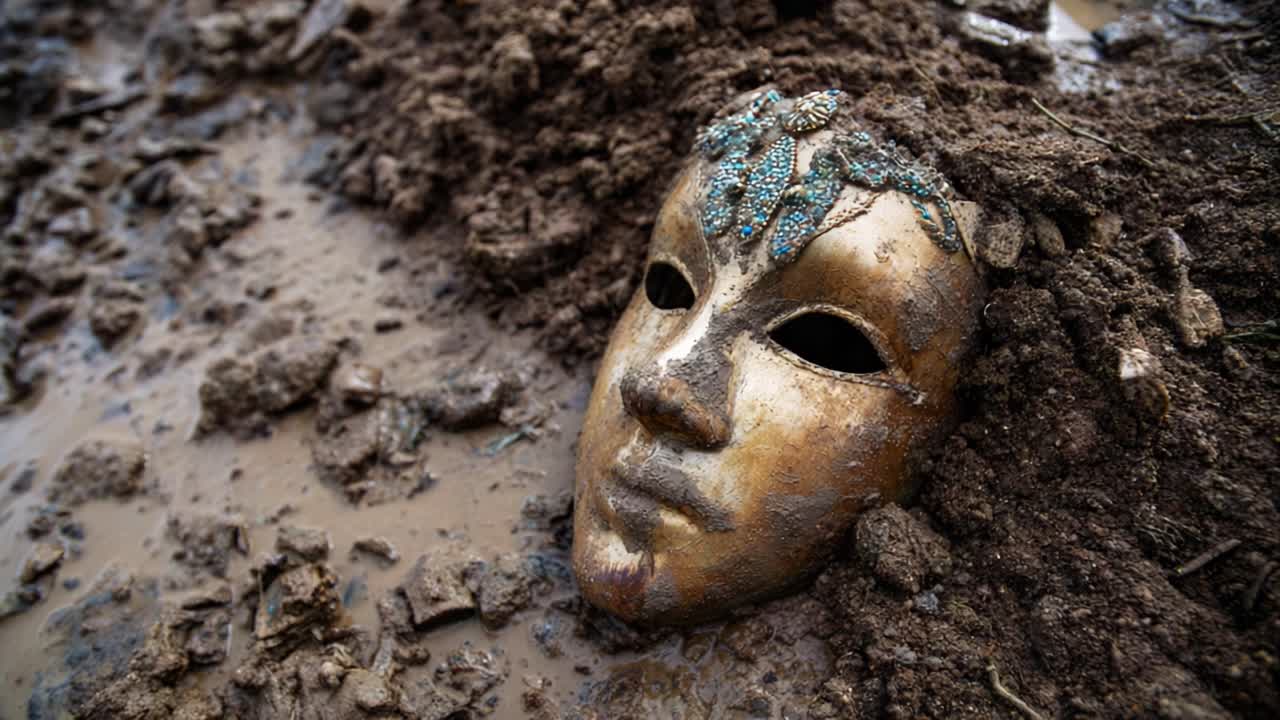 A Mysterious Mask Emerges from the Earth, Adorned with Intricate Patterns and Embedded Stones, Evoking a Sense of Enigma and Unearthly Beauty in Nature's Embrace