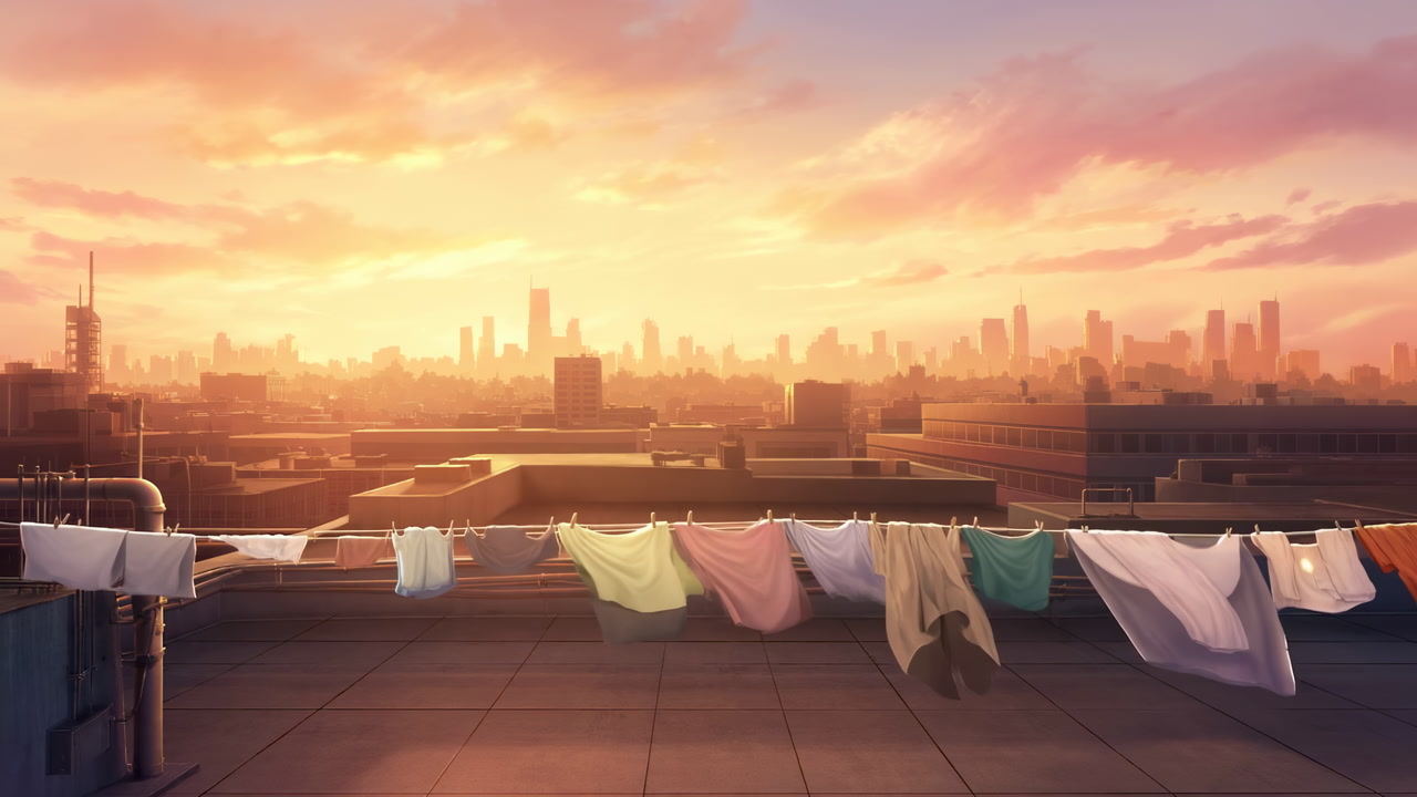 Animated Clothesline Drying on Rooftop with City Skyline at Sunset