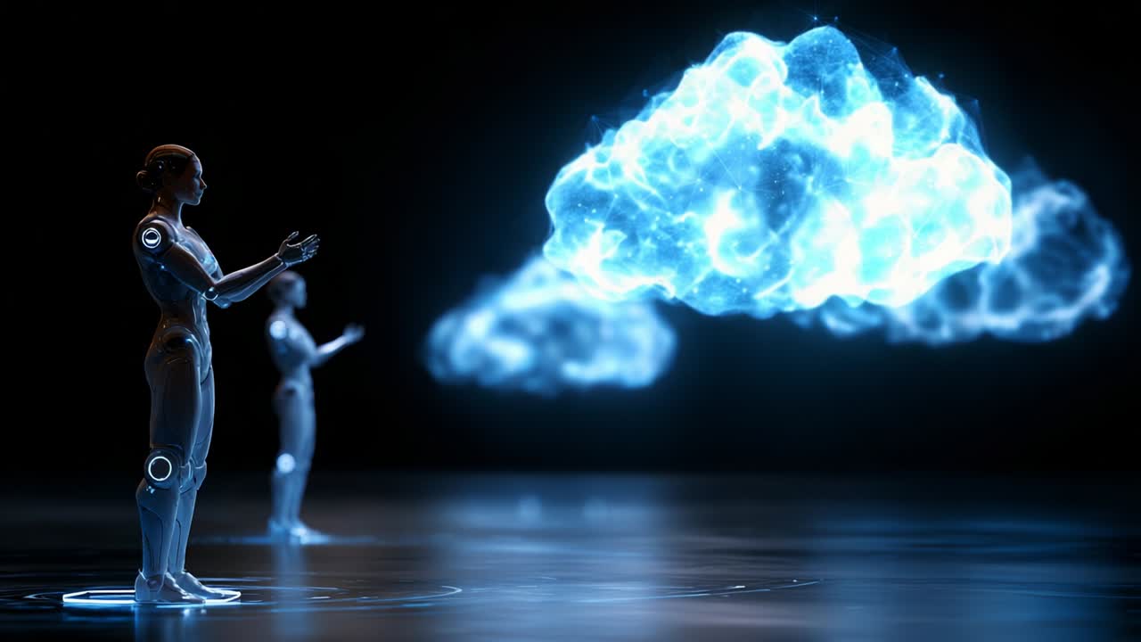 Futuristic humanoid robots engage with ethereal digital clouds in a mesmerizing display of technology and creativity, showcasing an intersection of human-like AI and immersive digital environments