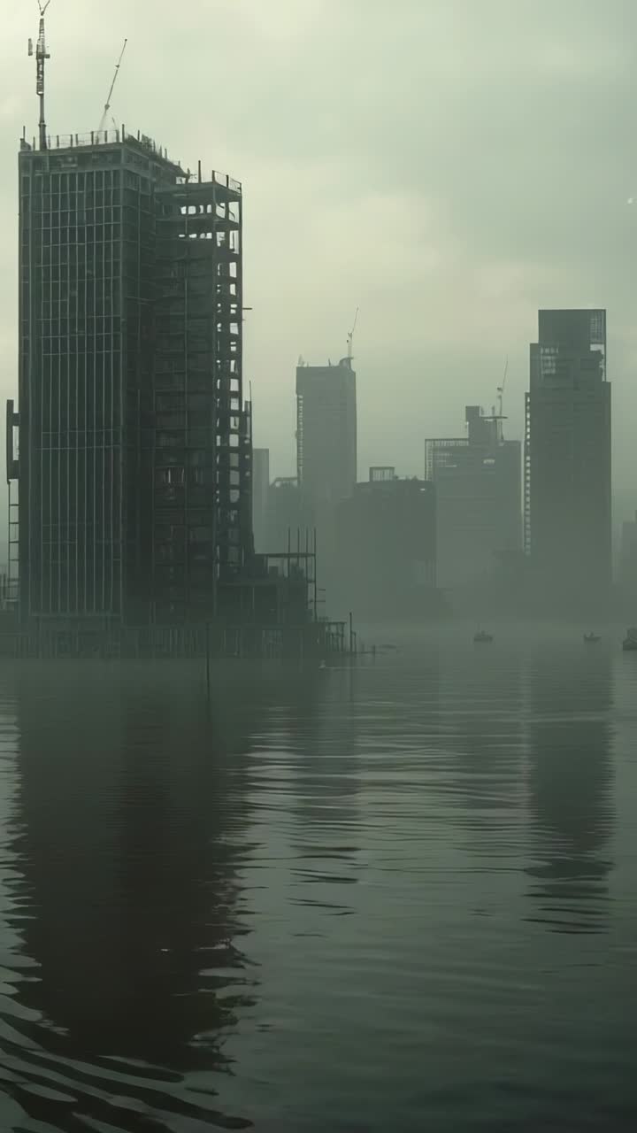 Vertical video: Thickening fog obscuring steel tower along riverfront, boat drifting, copy space
