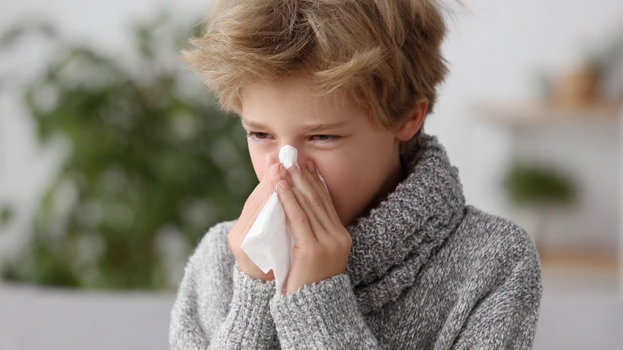 A Young Child Comforting Himself with a Tissue, Expressing Emotion and Vulnerability in a Cozy Atmosphere During a Moment of Sadness or Illness