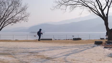 person hiking and walking in mountains of gyeonggi in south korea