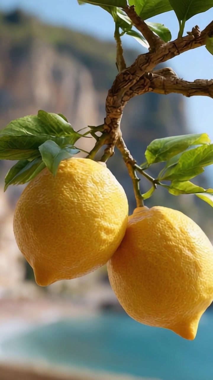 Un primo piano di due limoni maturi appesi a un ramo, catturati contro uno splendido sfondo costiero, mettendo in mostra la loro brillante tonalità gialla e le lussureggianti foglie verdi.