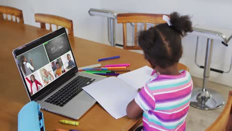 Schoolgirl-using-laptop-for-online-lesson-at-home,-with-diverse-teacher-and-class-on-screen