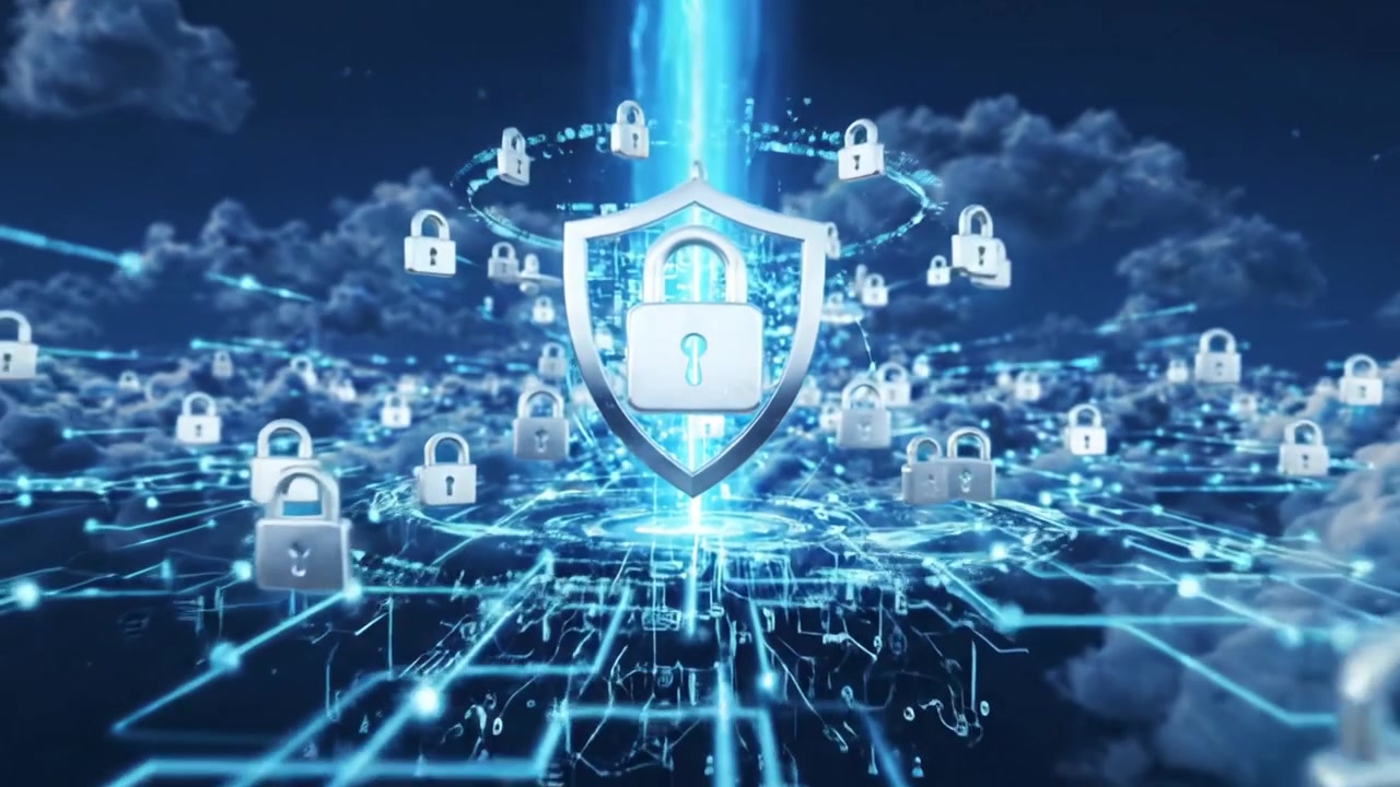 A Digital Cloudscape Filled with Security Locks, Representing Data Protection and Cybersecurity Concepts in a Futuristic Environment