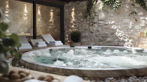 luxurious indoor spa with hot tub and loungers