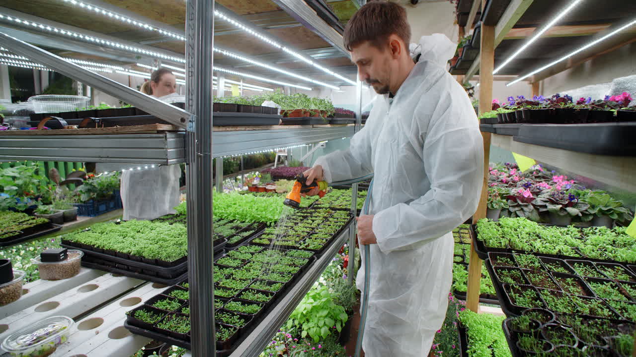 Hydroponic Nursery Worker Watering Seedlings