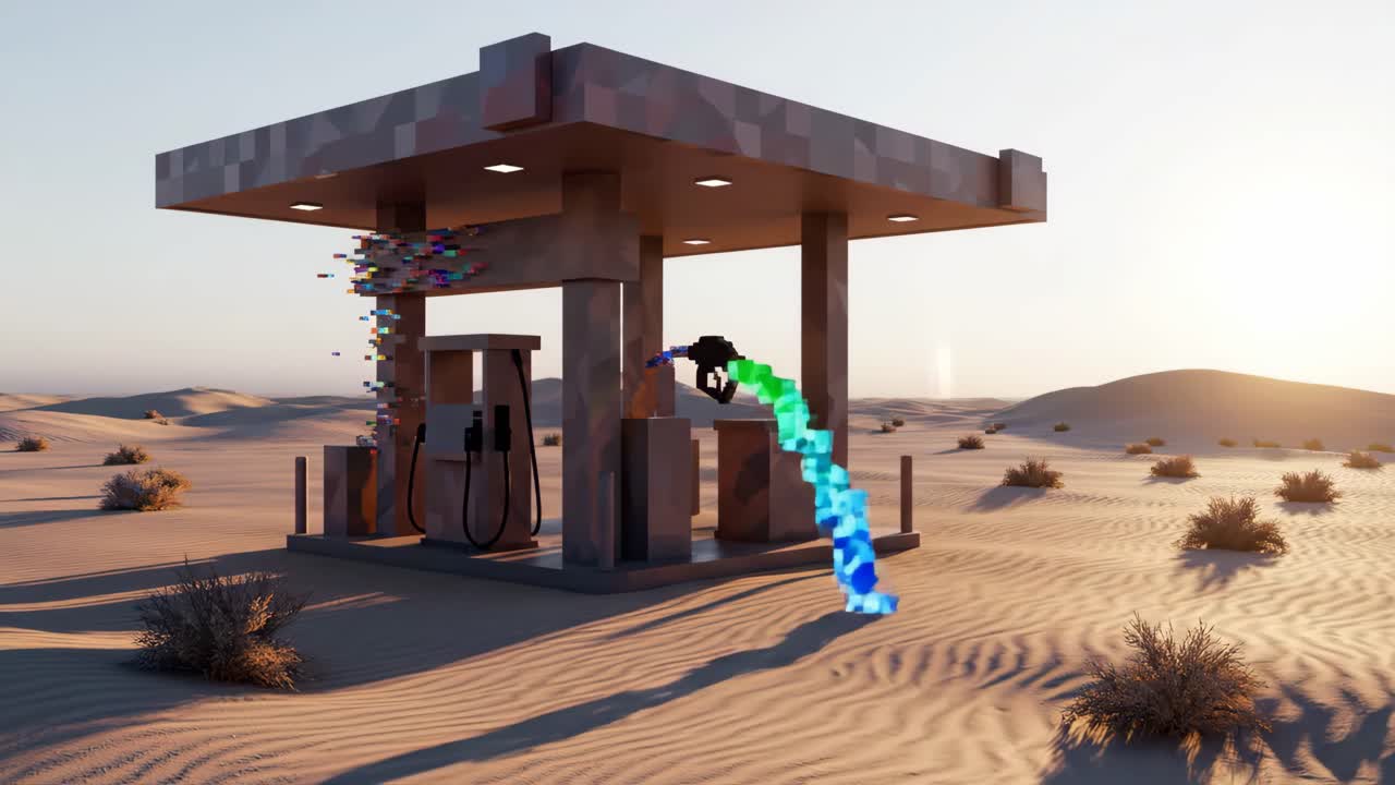 Voxel Gas Station in Desert