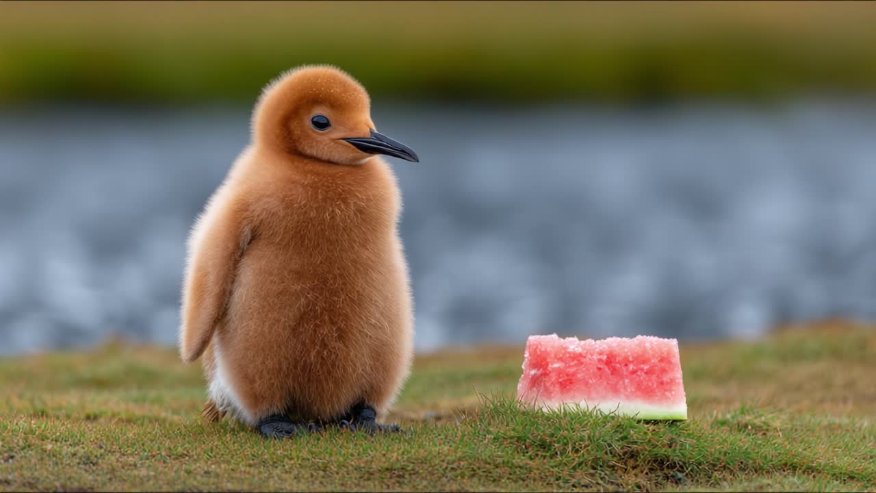 Charming Young Penguin Posing Next to a Slice of Watermelon, Showcasing Its Fluffy Plumage and Curious Expression in a Natural Habitat Setting