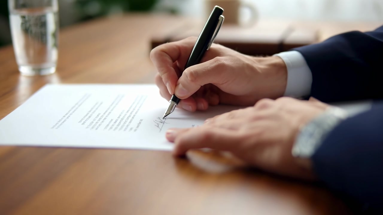 Businessman Signing a Legal Document at a Desk