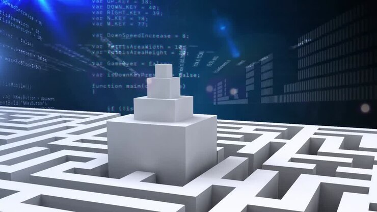Animation of computer data processing over maze