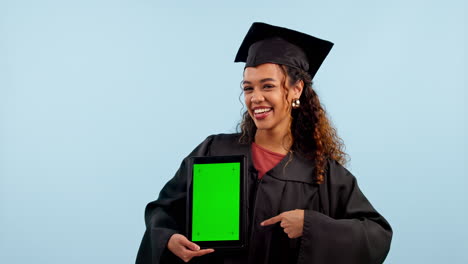 Graduation-student,-woman-and-tablet-green-screen