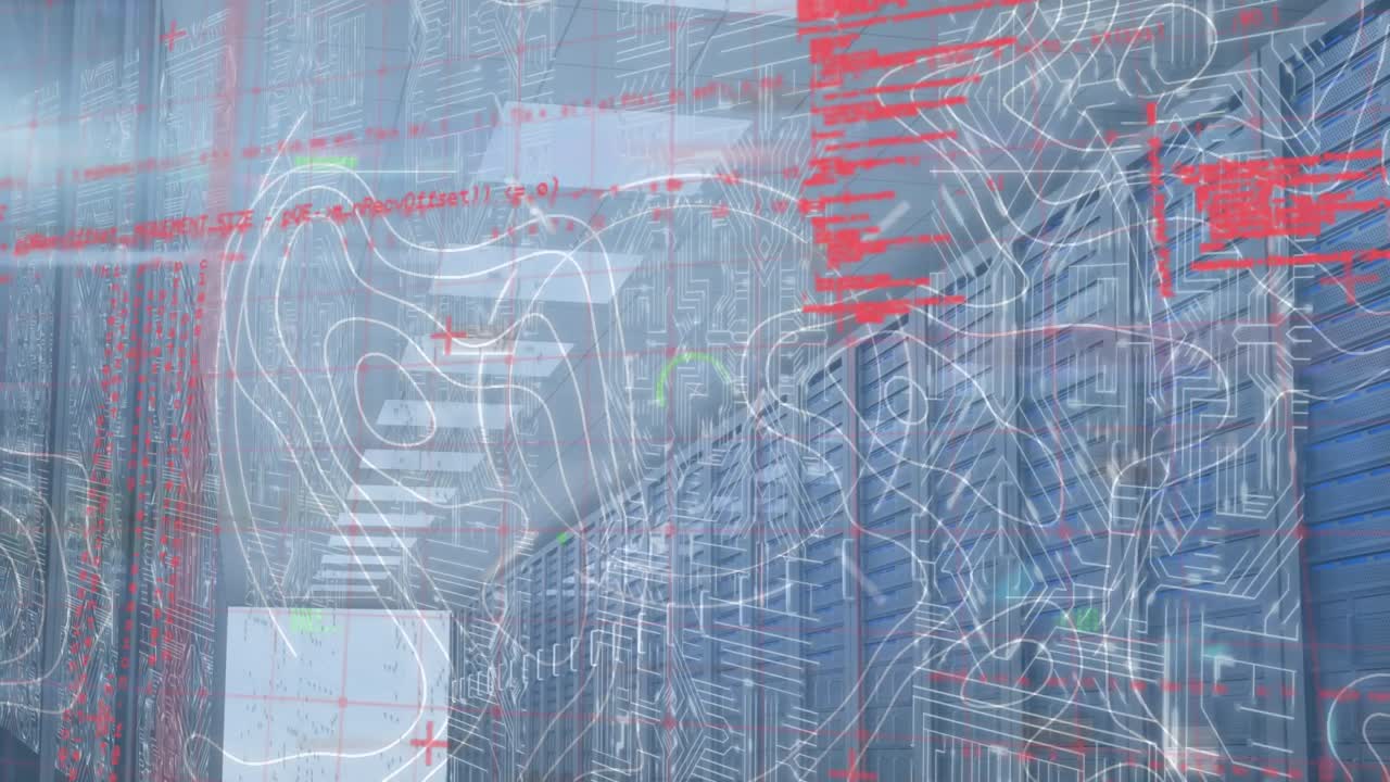 Animation of data processing and scope scanning over microprocessor connections against server room