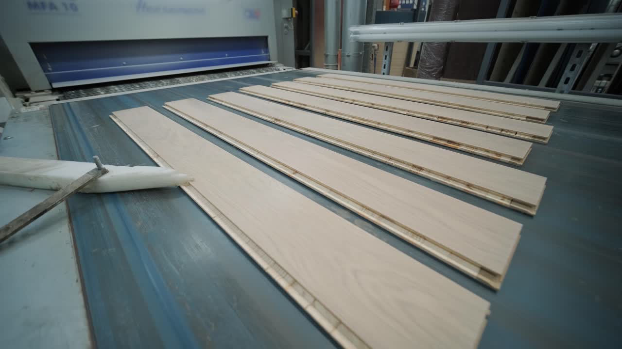 Wooden Planks Moving on a Conveyor Belt in a Factory
