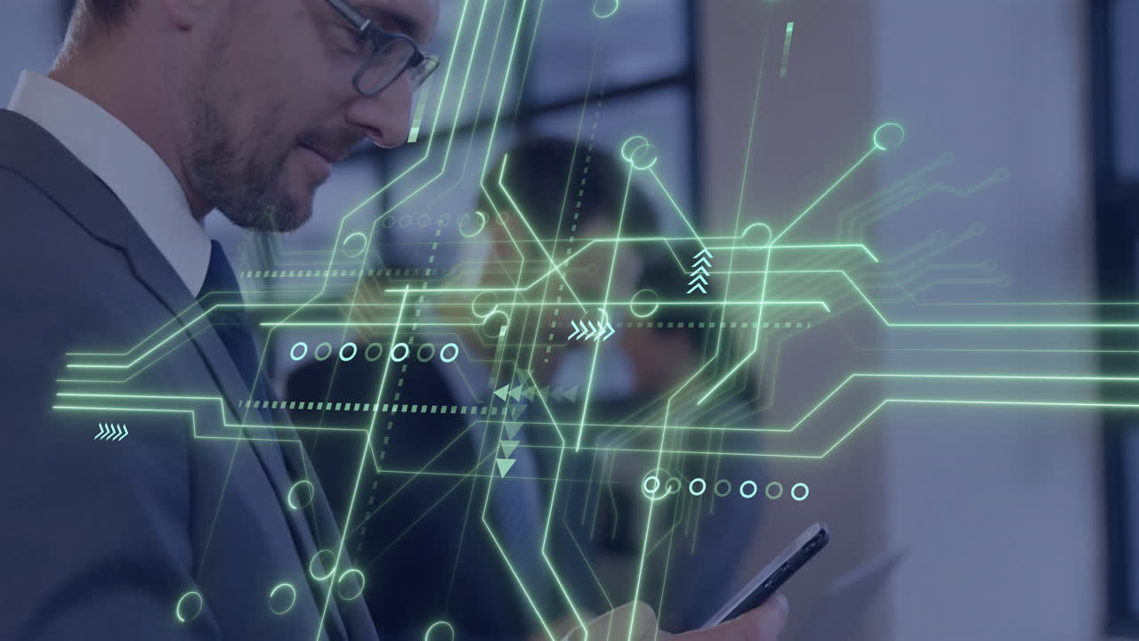 Using smartphone, business professional engaging with digital network connections overlay