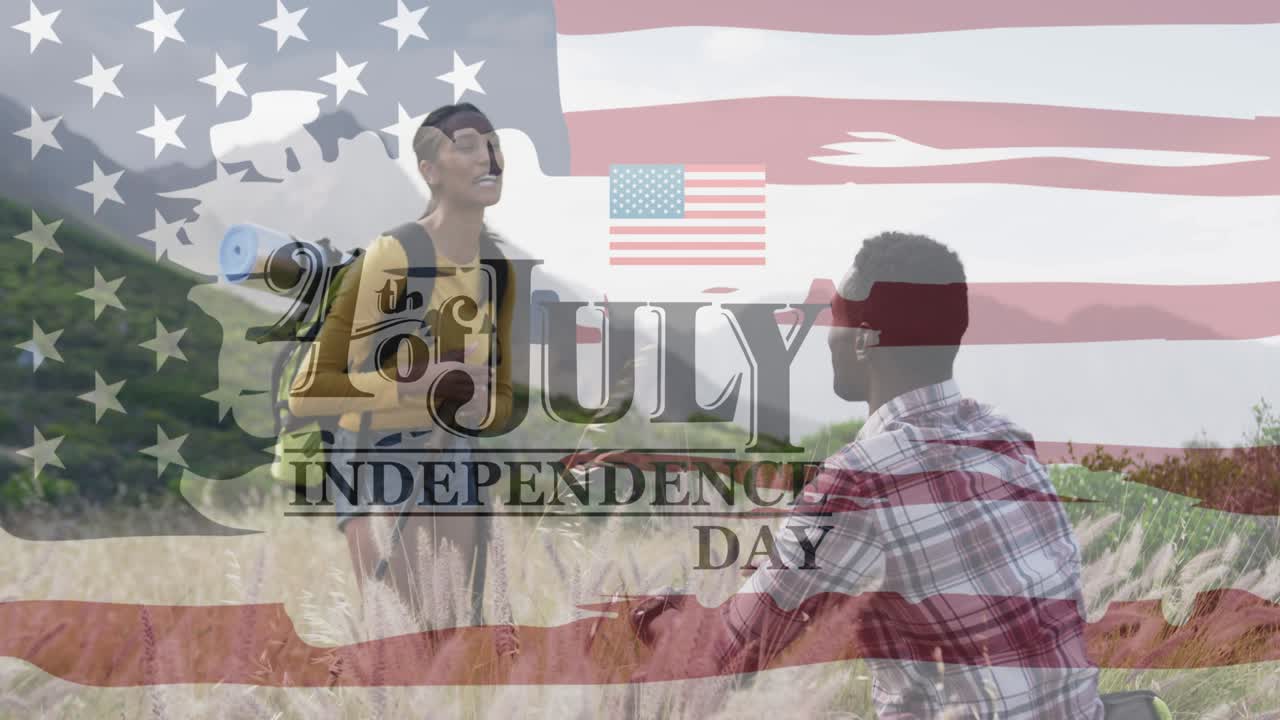 웃는 다양한 커플의 독립기념일 텍스트의 애니메이션 하이 파이빙과 하이킹