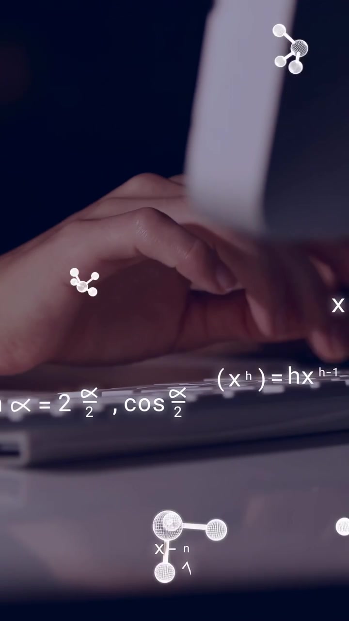 Vertical video: Hands moving on keys and typing, with molecules and formulas appearing for science
