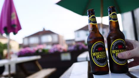 two beer bottles clinking together outdoors