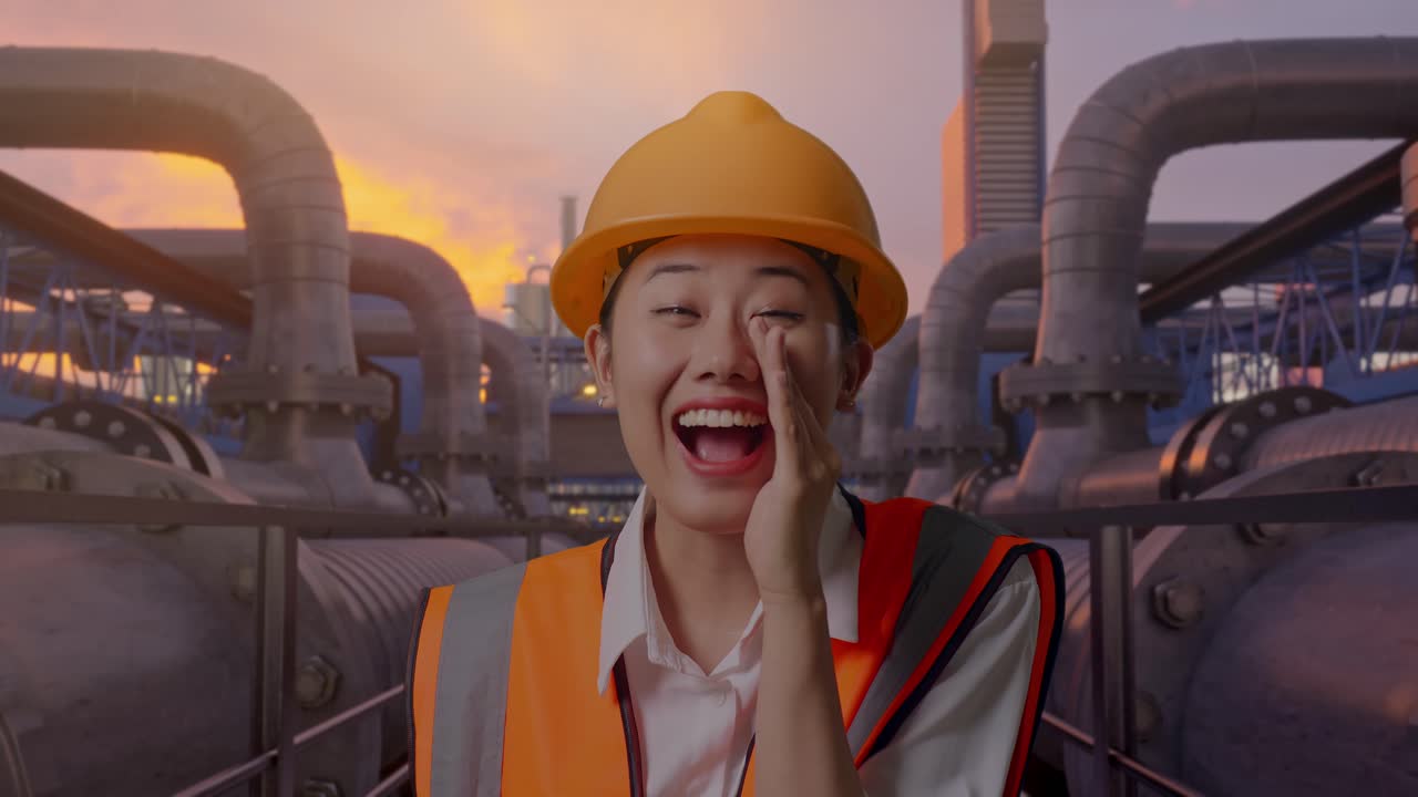 Nærbilde av asiatisk kvinnelig ingeniør med vernehjelm som roper med hånden over munnen mens hun står ved et industrielt rørnettverk i solnedgang.
