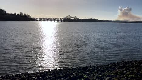 McCullough-Memorial-Bridge-in-Coos-Bay-North-Bend-at-the-Oregon-Coast,-Highway-101-crossing-the-large-bay