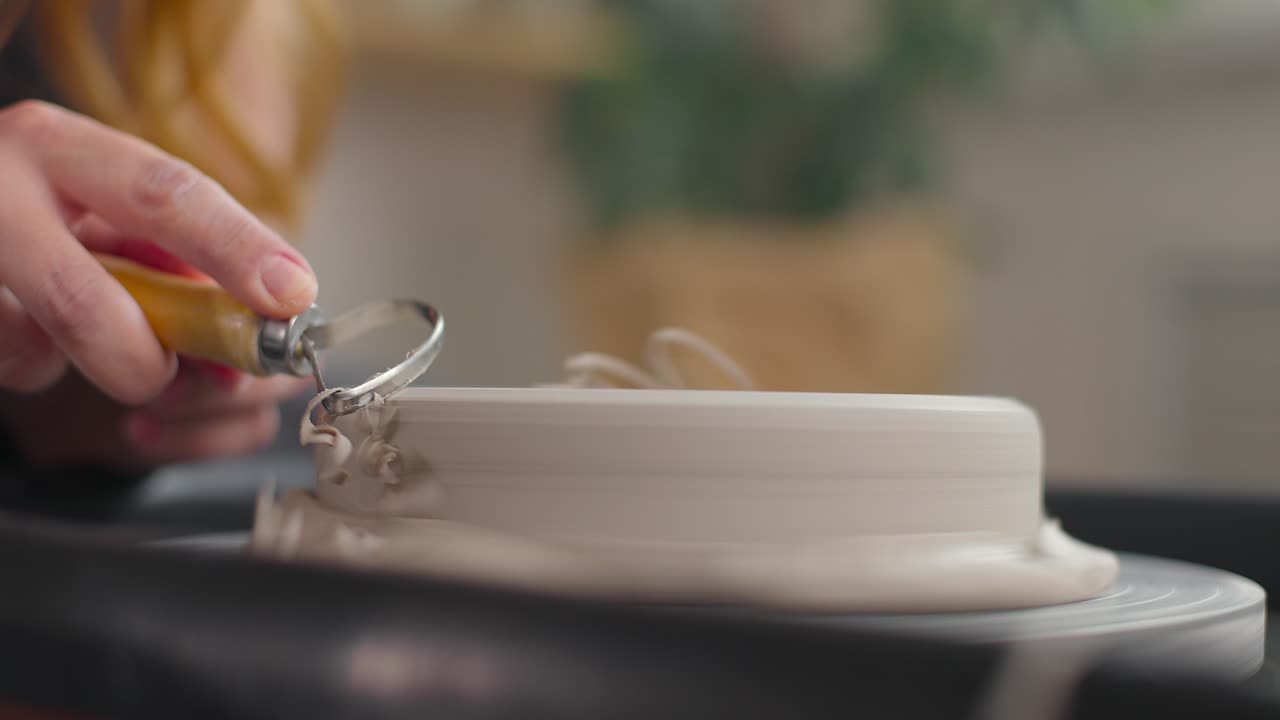 도자기 스튜디오에서 도구로 그의 경계를 형성하는 과정. 도구로 일하는 여성 도자기. 느린 모션.