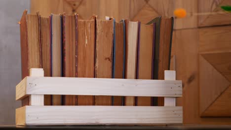 vintage books in wooden crate