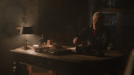 old passionate man writes a letter in his office at night