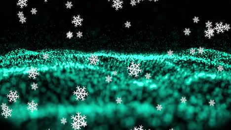 Snowflakes-falling-against-green-digital-wave-on-black-background