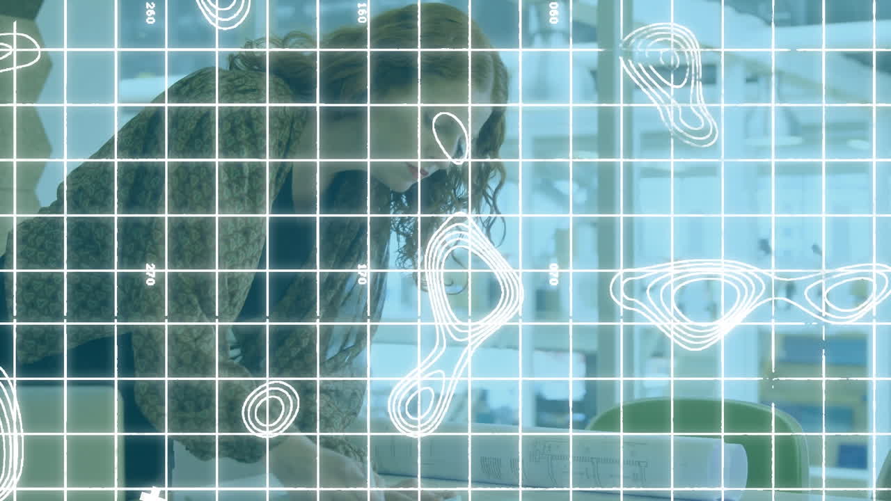 책상 에 있는 청사진 을 보고 있는 여자 위 에 있는 윤 ⁇  선 과 격자 의 애니메이션