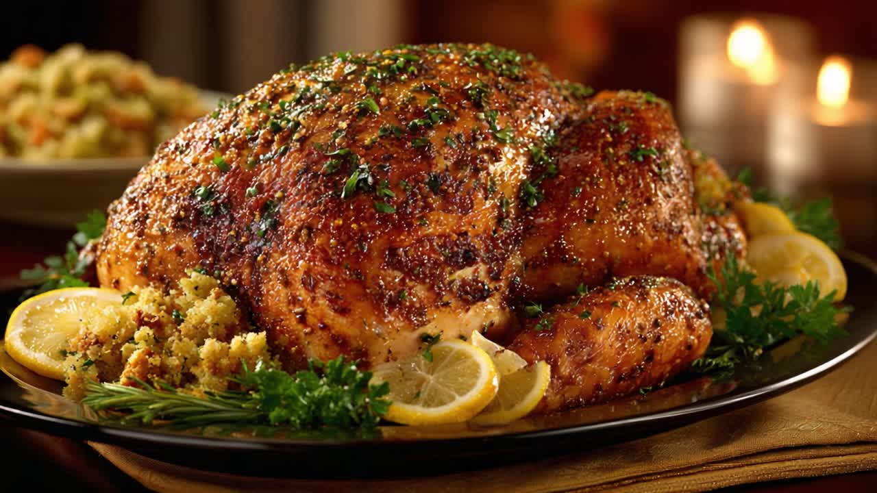 A beautifully roasted chicken garnished with fresh herbs and lemon slices, served on a platter with savory stuffing and candles in the background, perfect for a festive dinner