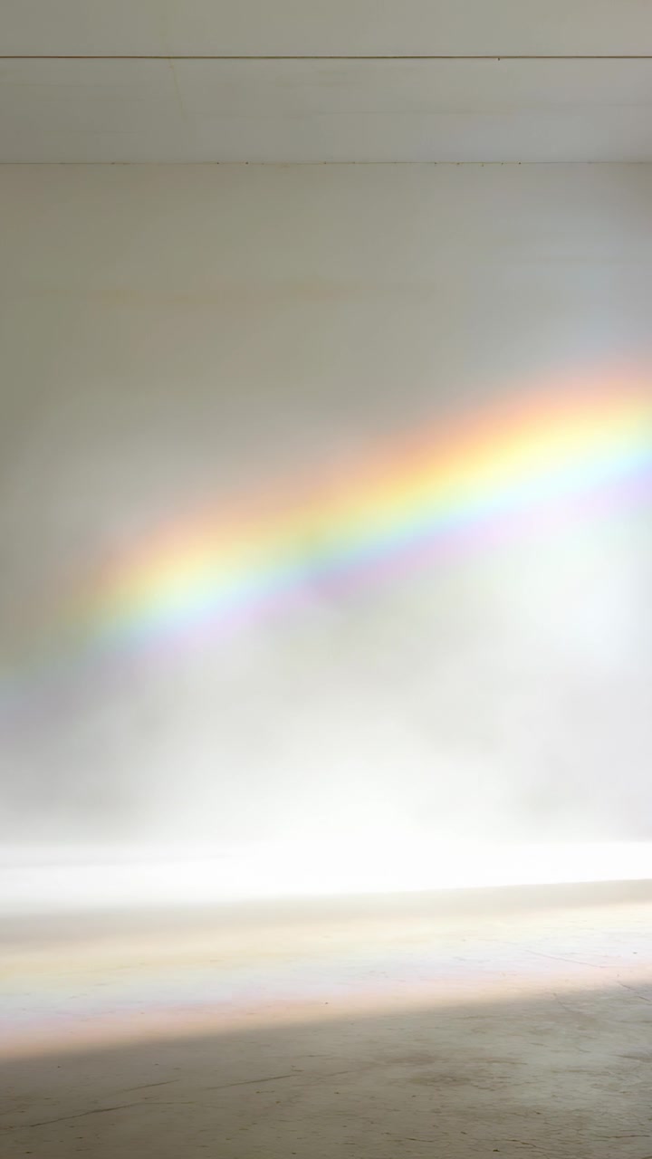 Vertical video: Shifting sun through prism creating diagonal rainbow band moving across room wall