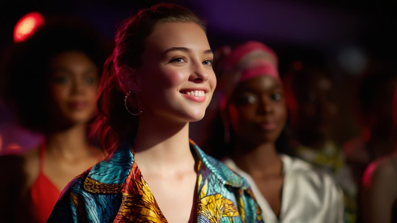 Smiling woman at a nightclub with friends