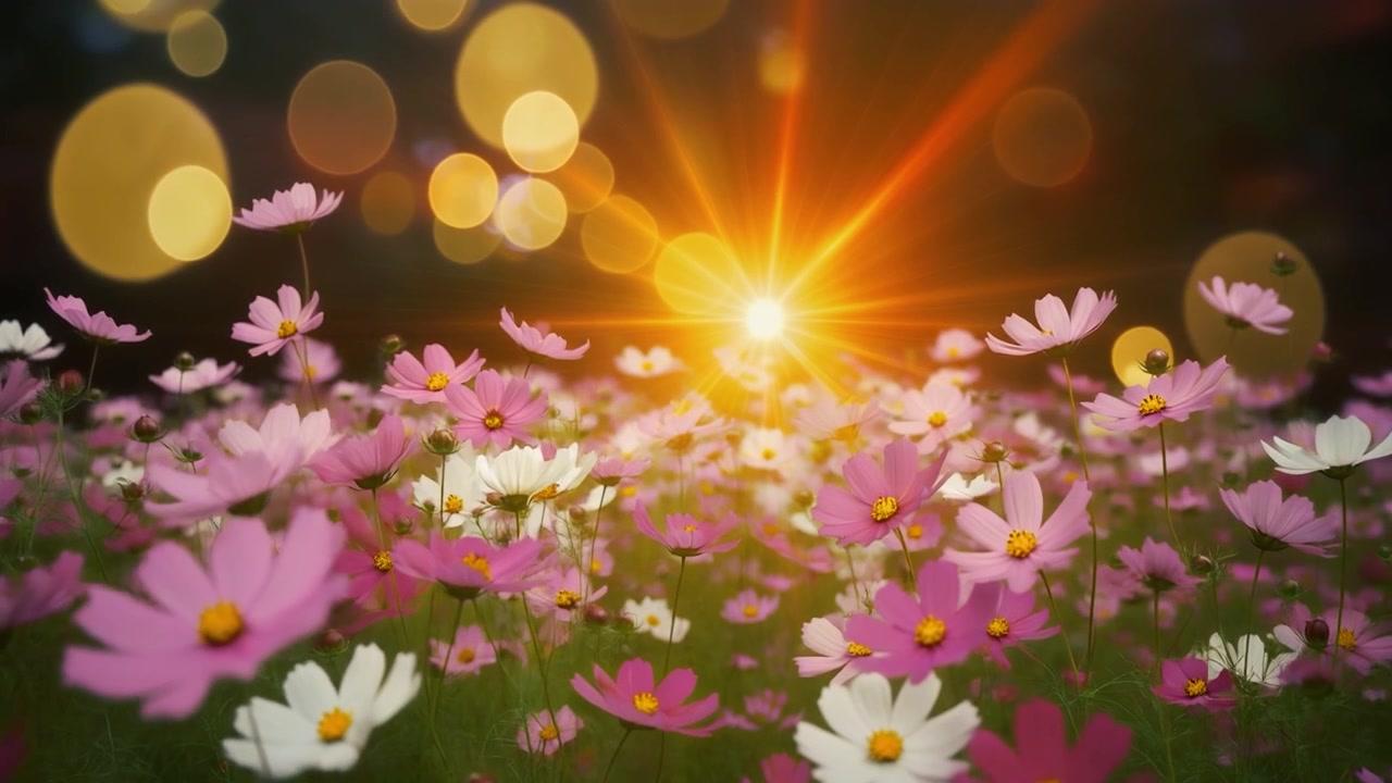 Field of Pink and White Cosmos Flowers at Sunset