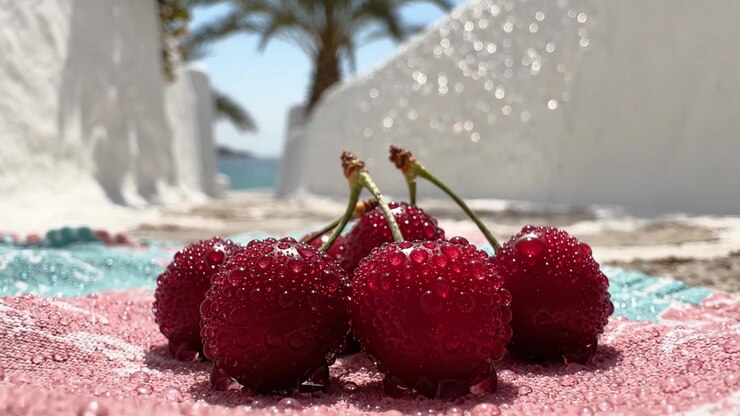 Close-up of Dewy Cherries on a Vibrant Textile Surrounded by a Sunlit, Serene Background with Palm Trees and a Shimmering Body of Water in View