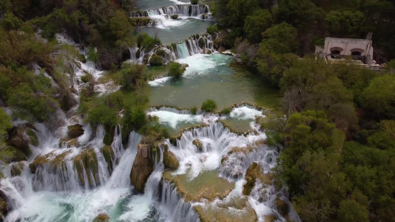 4K bird's eye view perspective over Skradinski Buk waterfall in Krka National Park, Croatia