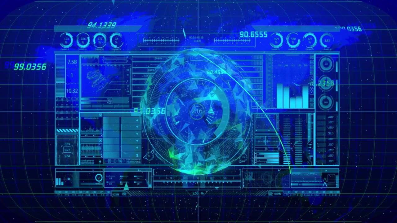 Animated Futuristic Digital Interface with Data and Geometric Sphere