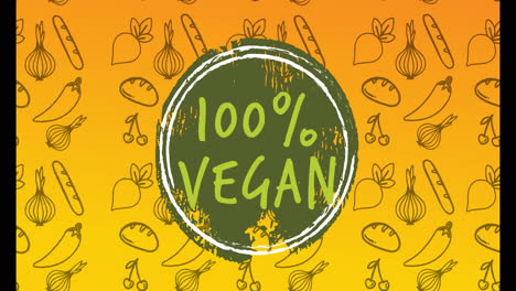 100% vegan text over vegetable illustrations on orange background