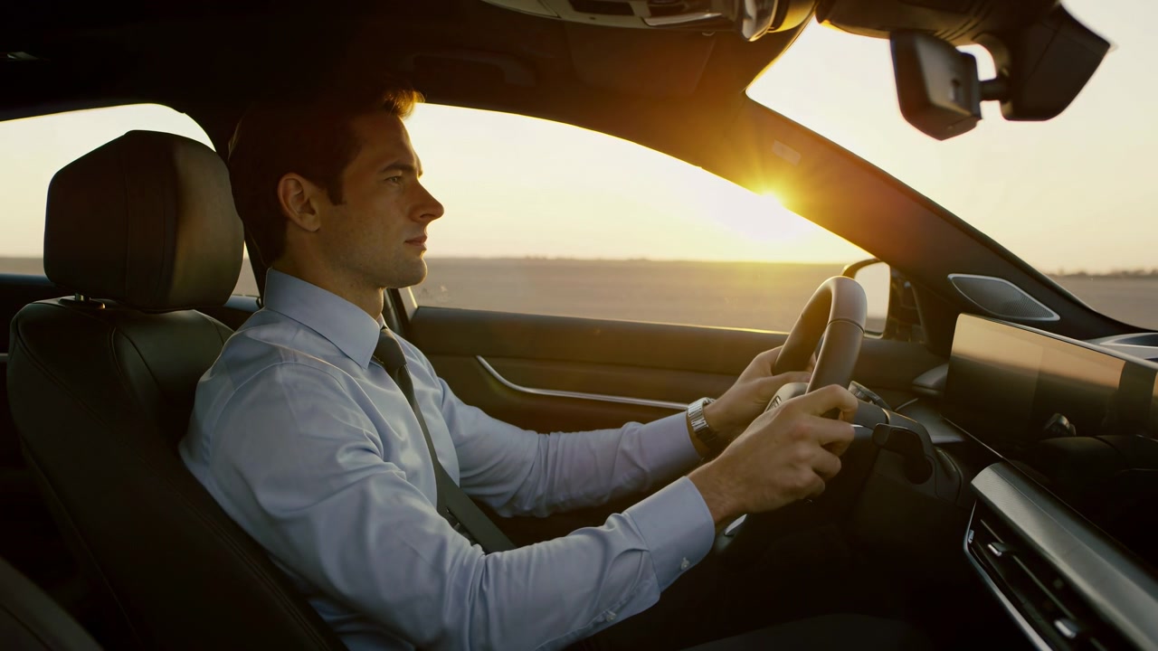 Focused male driver maintains steady posture and looks forward while traveling past open landscape, with golden sunlight flaring near windshield and illuminating his face, shirt, and dashboard.