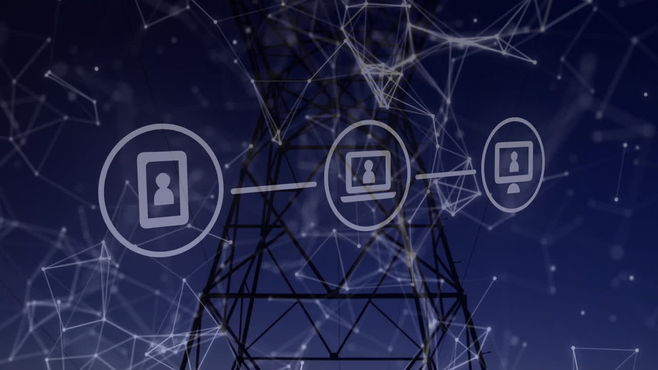 Tablet laptop desktop icons floating over tower at dusk highlighting network links in flat design