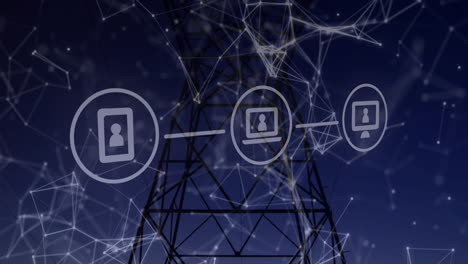 tablet laptop desktop icons floating over tower at dusk highlighting network links in flat design