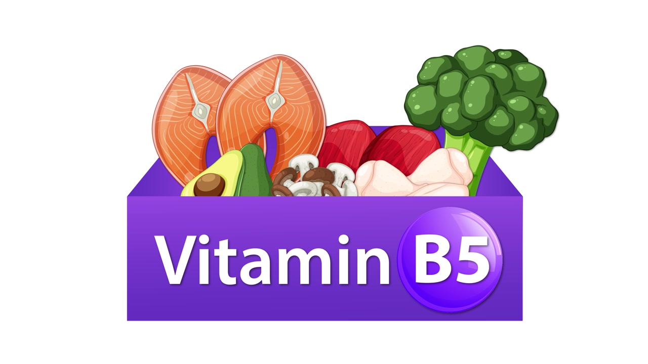 Animated purple box reveals Vitamin B5 label and healthy foods, using smooth, colorful vector transitions