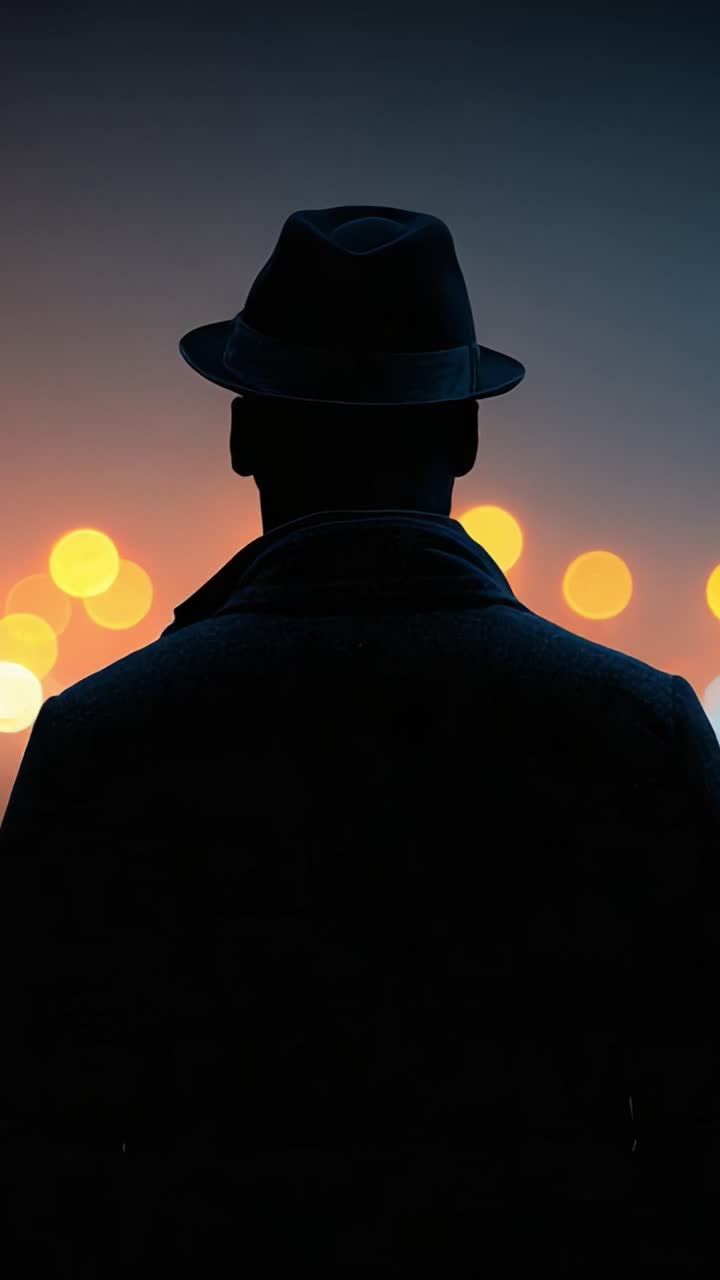 Una silhouette misteriosa con un cappello su uno sfondo urbano sfocato al tramonto, che cattura un senso di enigma e mistero in un ambiente moderno