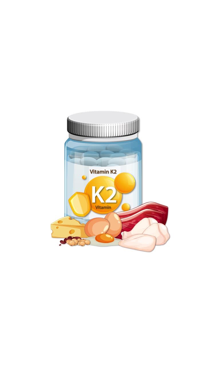 Flacone di Vitamina K2 con icone di formaggio, carne, uova e altri alimenti che appaiono in un'animazione fluida e sequenziale.