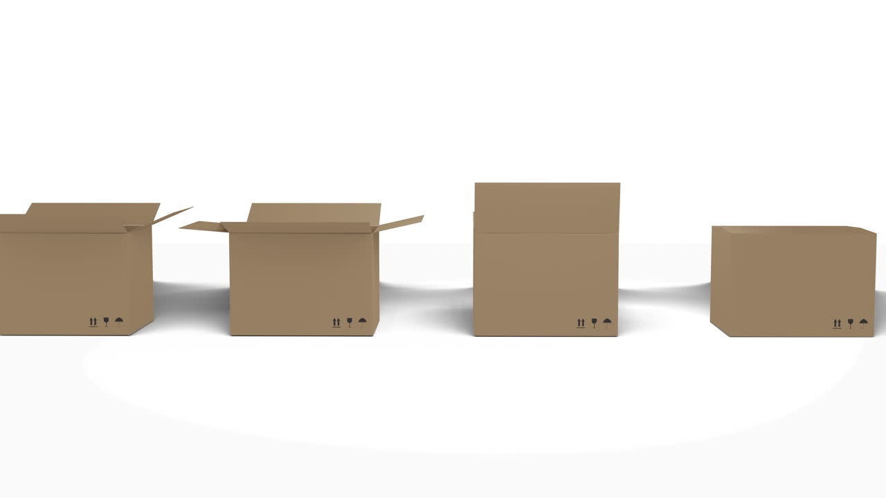 Seamless row of brown cardboard boxes with lids opening on white background