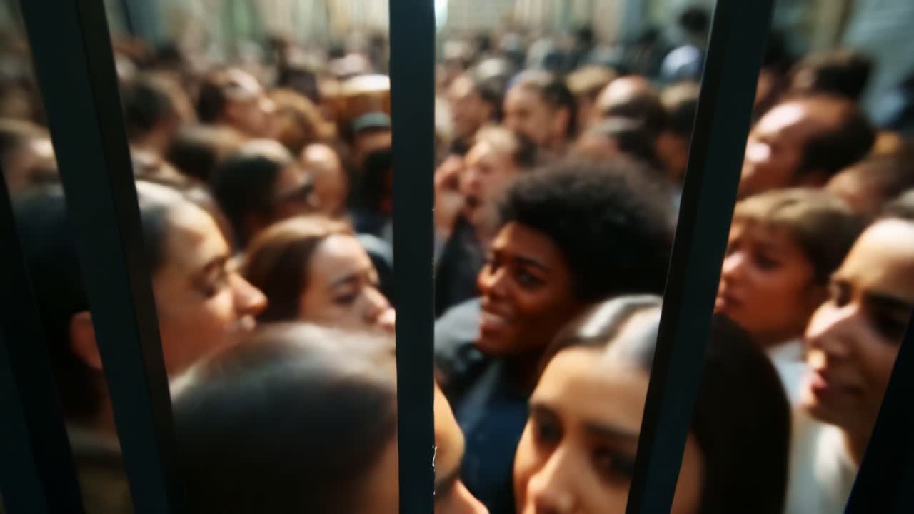Intense Crowd Behind Bars: A Chaotic Scene of Faces Expressing Emotion and Connection, Caught Between Metal Bars in a Visibly Tense Atmosphere, Captured Frame by Frame