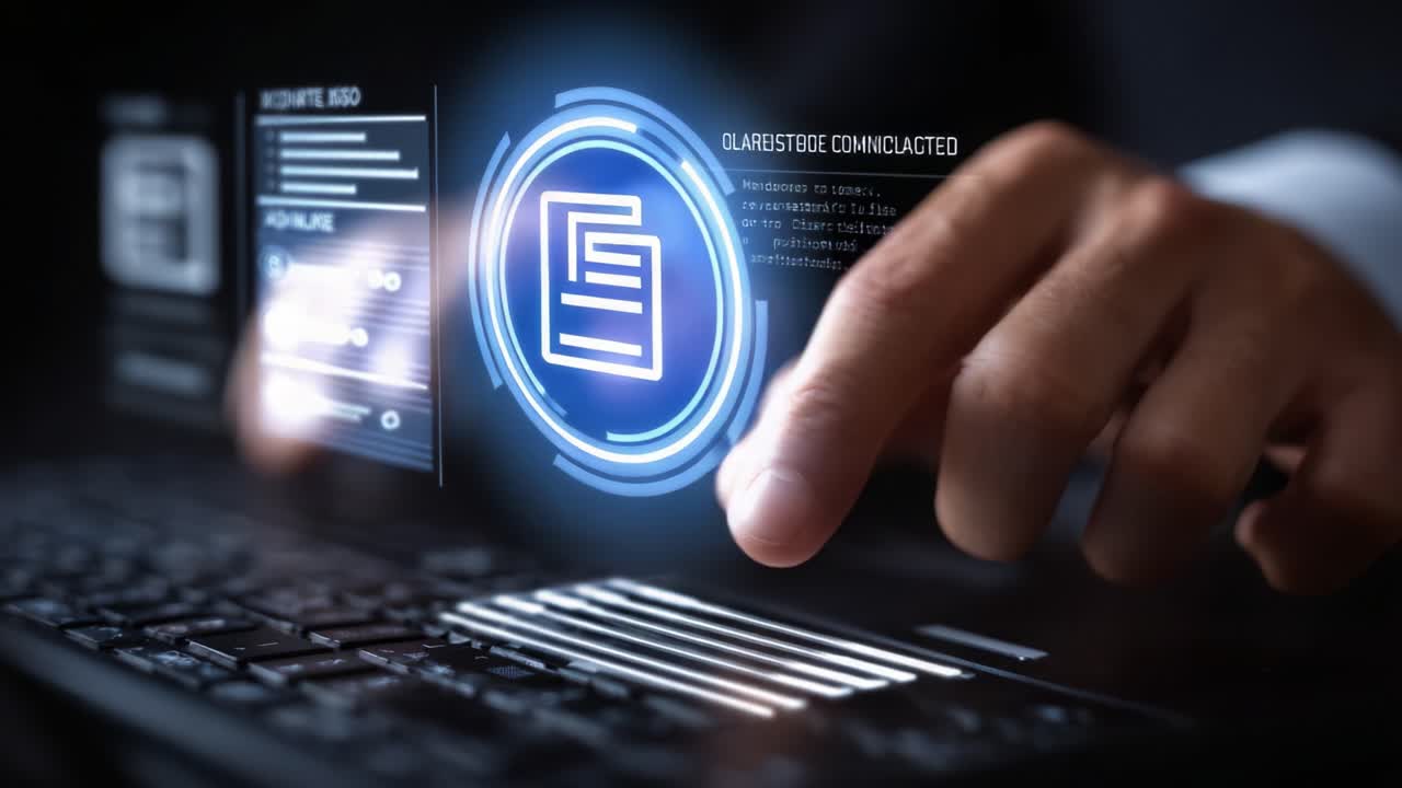 A Professional's Interaction with Advanced Digital Interfaces and Technologies in a Modern Office Environment, Showcasing Data Manipulation and Communication