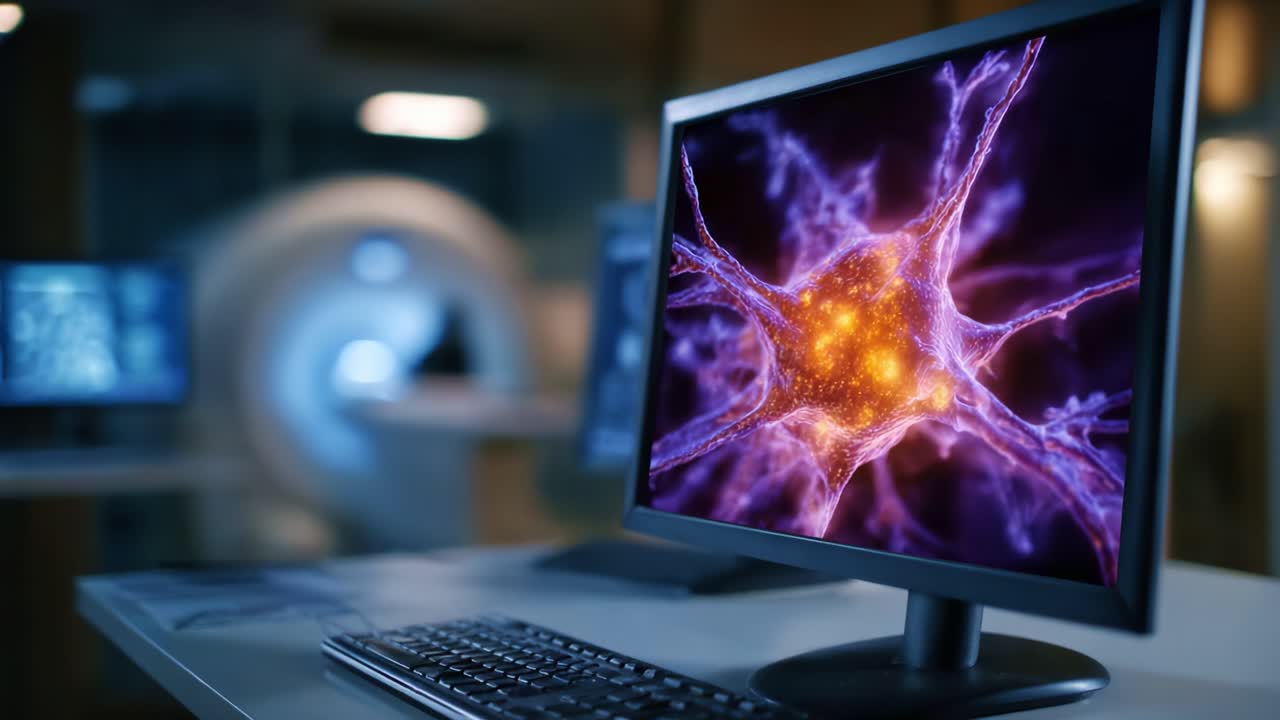 Examining Neural Networks: A Close-Up View of Neurons and Synapses on a Computer Screen in a Laboratory Environment Illustrating Scientific Research and Technology