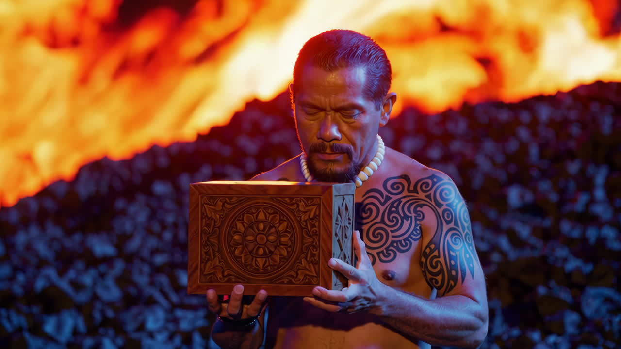 Man Holding Wooden Box in Front of Volcano