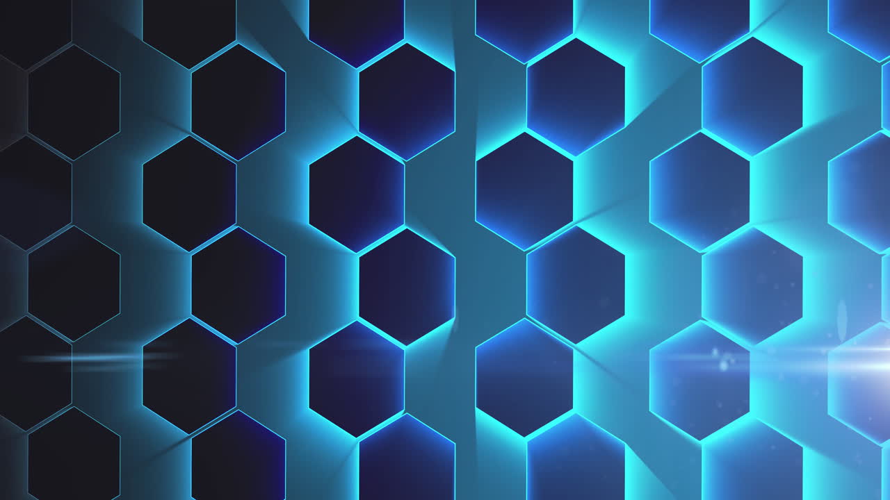 animación de una red de hexágonos azules brillantes interconectados