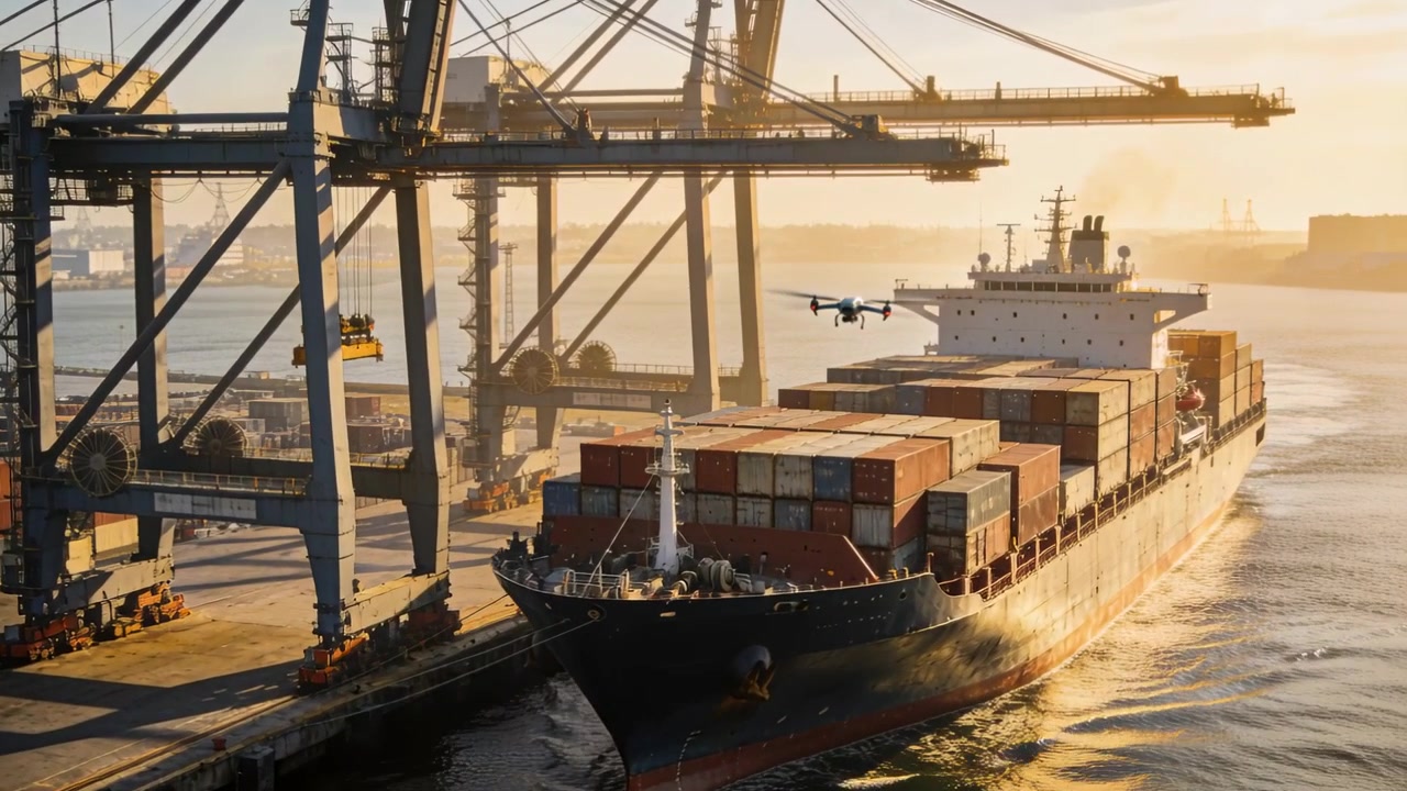 Nave portacontainer che avanza, passando davanti a una banchina portuale sotto una calda luce solare, un piccolo drone traccia la prua di dritta.